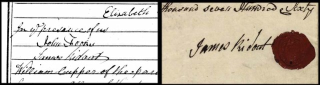 James Ridout's signature on the marriage of his sister Elizabeth (1758) and to his will (1760)