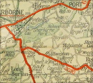 Old Dorset map showing Sherborne, North Wootton, Allweston and Folke.